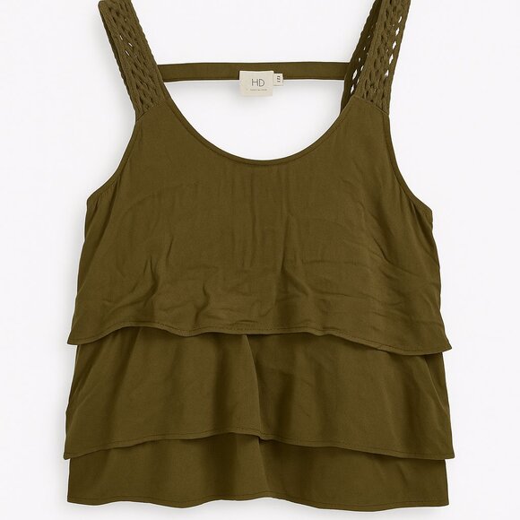 Olive Tiered Knit Tank with Crochet Straps - Picture 2 of 5